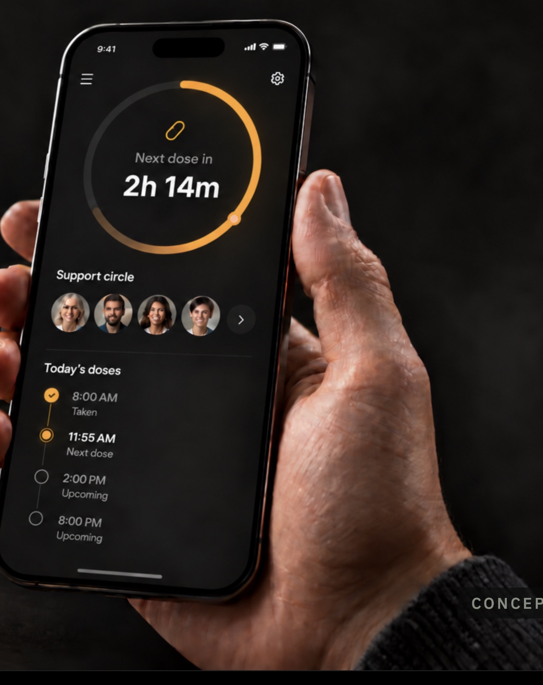 LokRX companion app concept showing a next-dose countdown, today's doses, and a support circle.