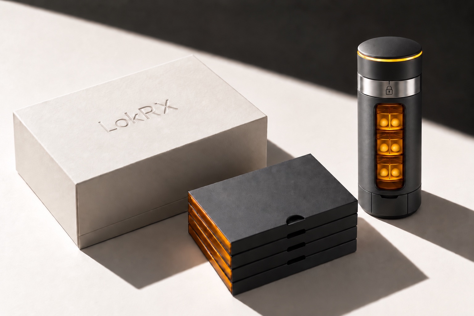 Concept render of LokRX packaging, stacked cartridge boxes, and a compact dispensing container.