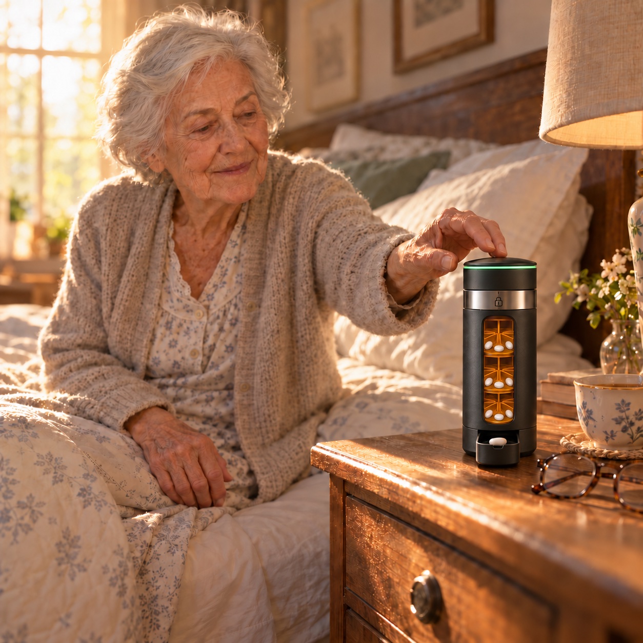 Concept render of an older adult using the larger LokRX container at home.