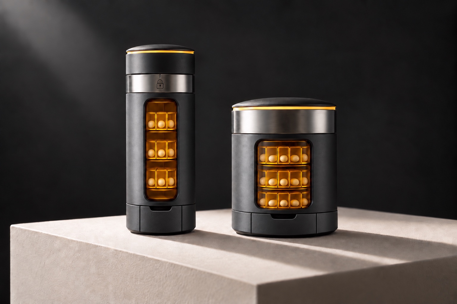 Concept render of two black and amber LokRX prescription containers, one compact and one larger.